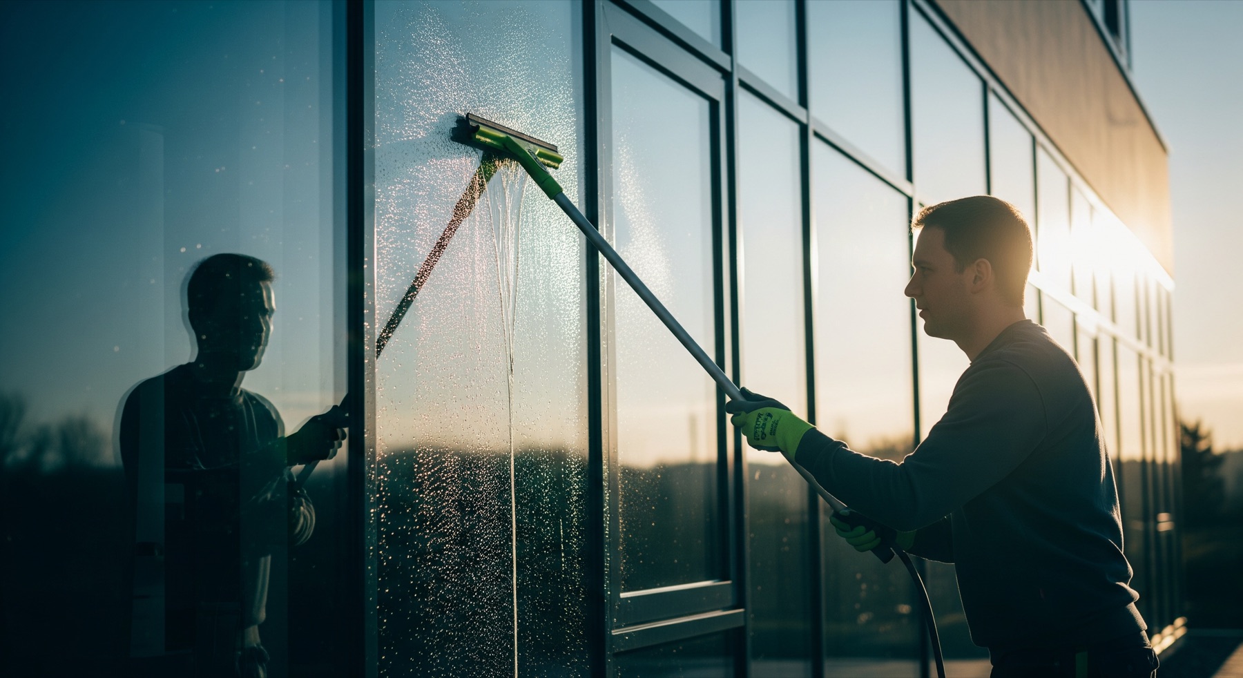 Reinigung einer Glasfassade mit dem Fensterabzieher — streifenfreie Glas- und Fassadenreinigung als Teil der Gebäudereinigung.