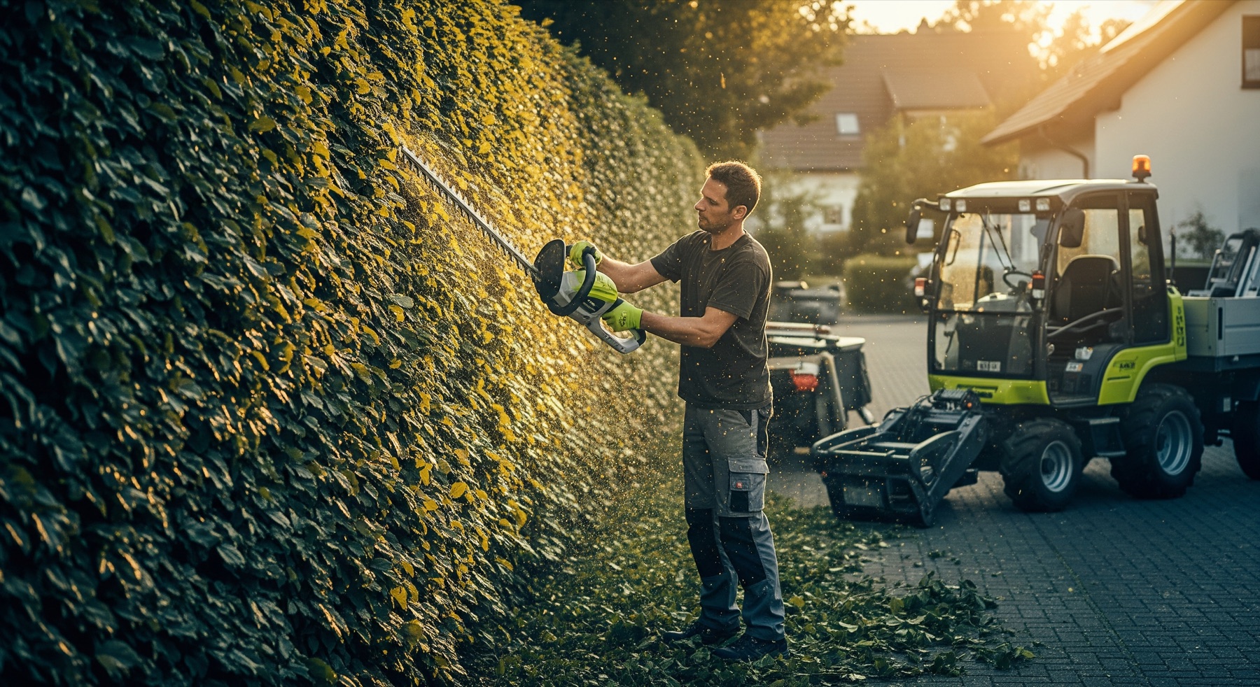 Gärtner schneidet eine Hecke mit dem Heckenschneider, Schnittgut fliegt — regelmäßige Grünpflege rund ums Wohnobjekt in Augsburg.
