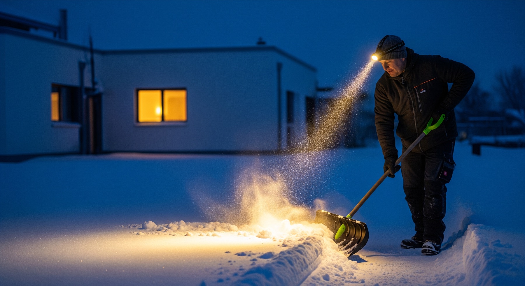 Schneeräumen in der blauen Stunde mit Stirnlampe und Lime-Schneeschaufel — Winterdienst vor Tagesanbruch in Augsburg und Umgebung.