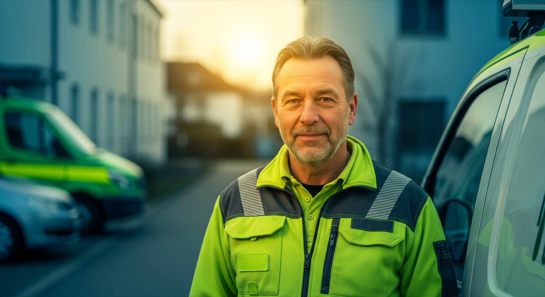 Das CRNOV-Team in Arbeitskleidung vor dem Service-Fahrzeug — der Hausmeisterbetrieb aus Augsburg, gewachsen vom kleinen Trupp zum eingespielten Team.
