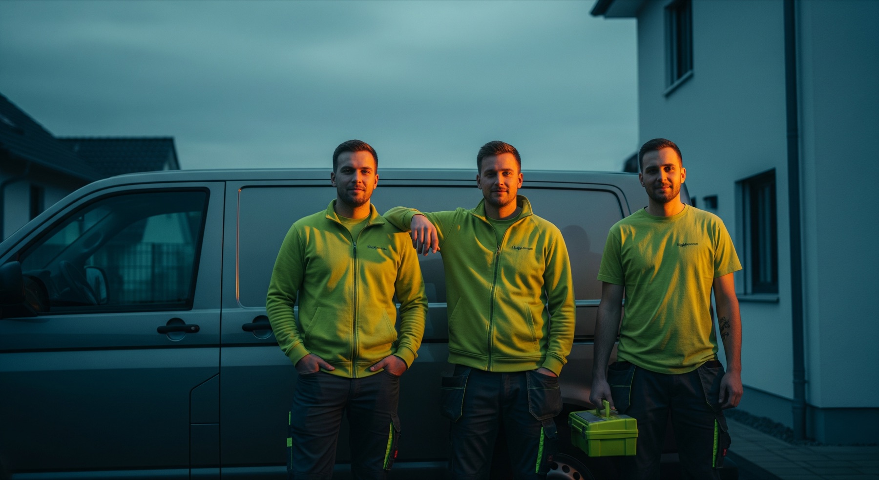 Kleine Crew zu dritt in Lime-Arbeitskleidung vor dem Service-Van — eingespieltes Hausmeister-Team in Augsburg.
