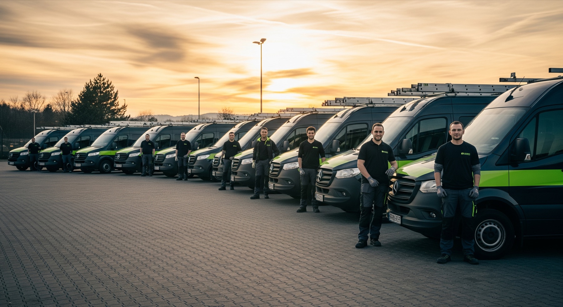Gepflegtes Gewerbeareal mit Firmenfuhrpark am frühen Morgen — Facility-Service für Industrie- und Gewerbeobjekte im Raum Augsburg.